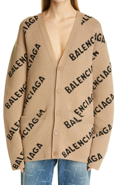 Shop Balenciaga Logo Jacquard Wool Blend Cardigan In Beige/ Black