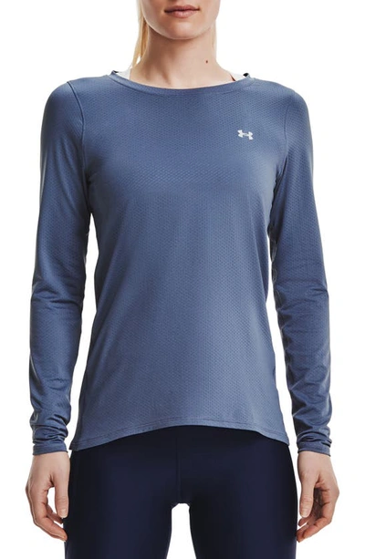 Shop Under Armour Heatgear® Armour Long Sleeve Knit Top In Mineral Blue / Metallic Silver
