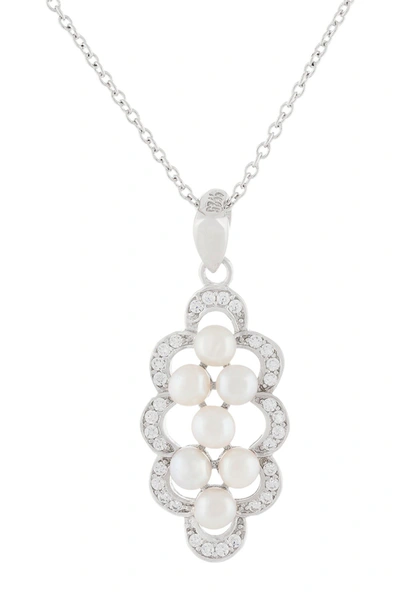 Shop Splendid Pearls Sterling Silver 3-4mm White Freshwater Pearl & Cz Pendant Necklace In Natural White