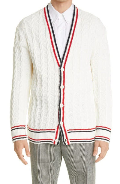 Shop Thom Browne Heritage Relaxed Fit Rwb Cable Cotton Cardigan In White