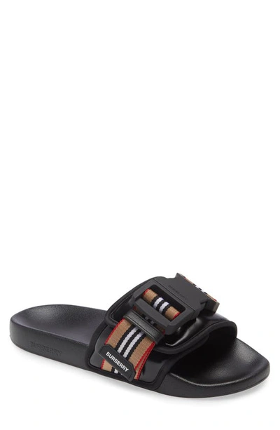 Shop Burberry Cameron Icon Stripe Buckle Slide Sandal In Black
