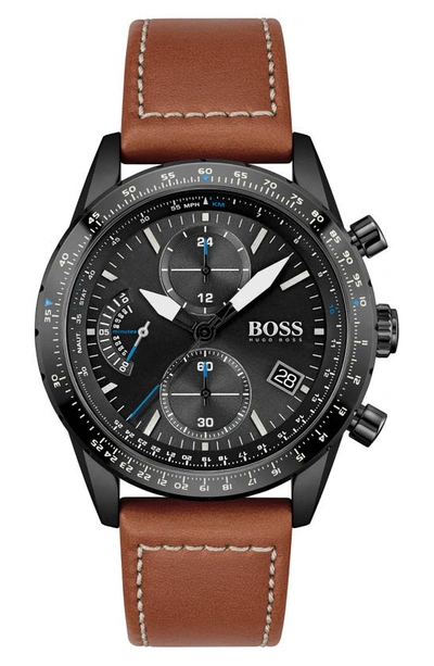 Shop Hugo Boss Pilot Edition Chronograph Leather Strap Watch, 44mm In Black