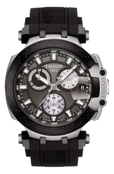 Shop Tissot T-race Chronograph Silicone Strap Watch, 48mm In Black/ Anthracite/ Silver