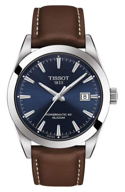 Shop Tissot T-classic Powermatic 80 Leather Strap Watch, 40mm In Brown/ Blue/ Silver