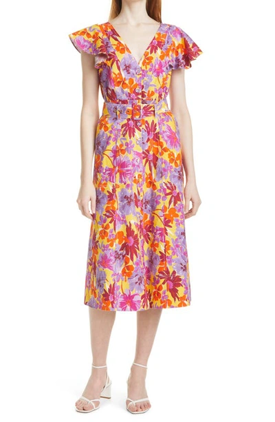 Shop Tanya Taylor Inez Flutter Sleeve Midi Dress In Hibiscus Floral Orange Multi
