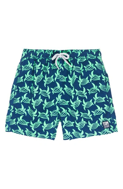 Shop Tom & Teddy Kids' Sea Turtle Print Swim Trunks In Navy And Green