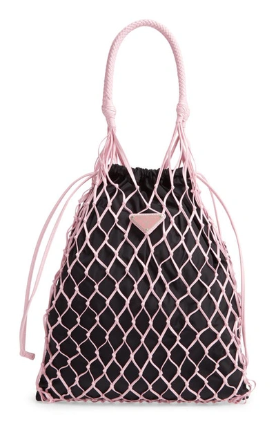 Shop Prada Rete Top Handle Lambskin Drawstring Bag In Rosa/ Nero