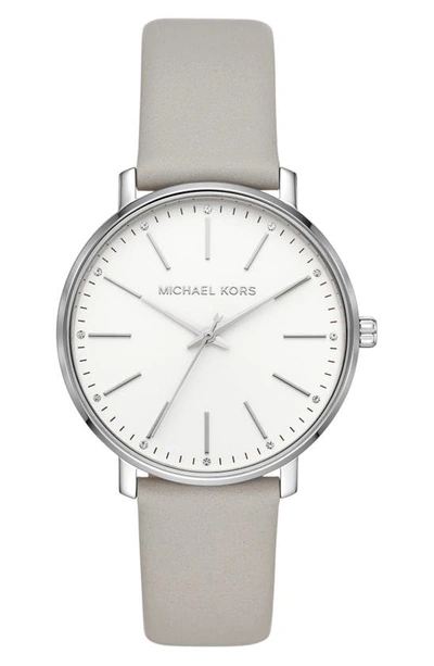Shop Michael Kors Pyper Leather Strap Watch, 38mm In Grey/ White/ Silver
