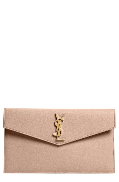 Shop Saint Laurent Uptown Calfskin Leather Envelope Clutch In Dark Beige