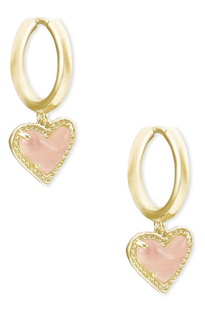 Shop Kendra Scott Ari Heart Huggie Hoop Earrings In Gold/ Rose Quartz