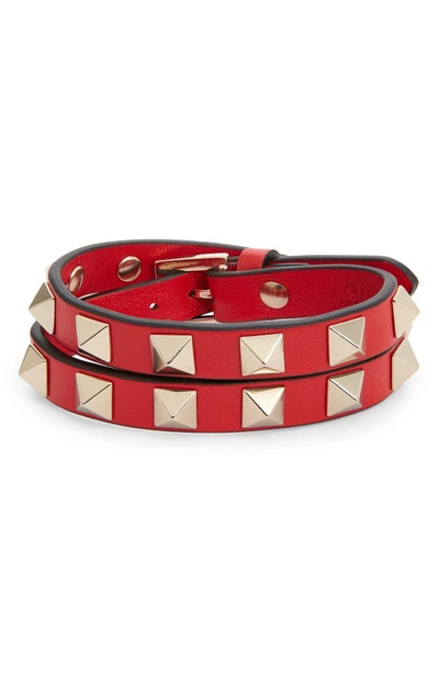 Shop Valentino Rockstud Leather Wrap Bracelet In Rouge