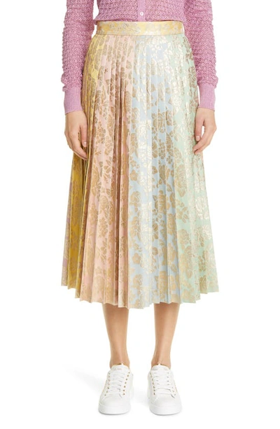Shop Dolce & Gabbana Colorblock Floral Jacquard Pleat Midi Skirt In Yellow/ Pink/ Blue/ Gold