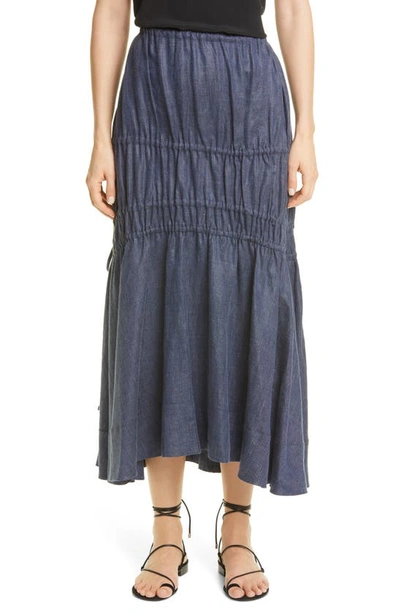 Shop Brock Collection Susanna Ruched Chambray Midi Skirt In Blue