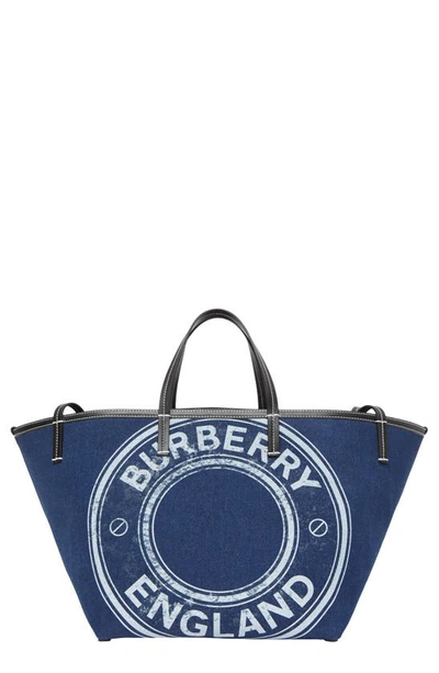 Shop Burberry Mini Beach Logo Denim Tote In Dark Canvas Blue
