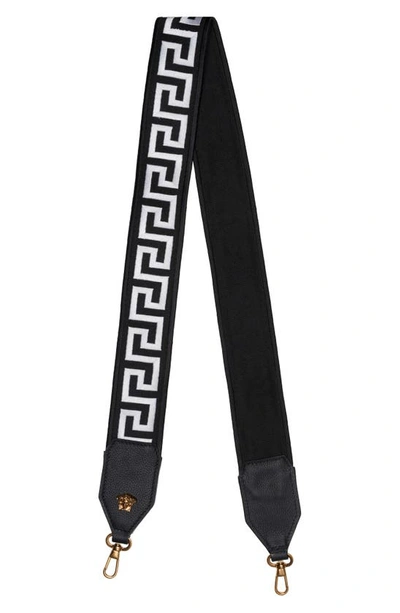 Shop Versace Greca Embroidered Bag Strap In Black/ White