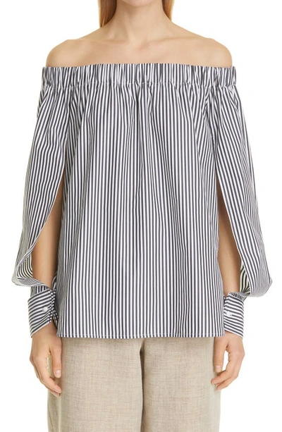 Shop Max Mara Seggio Stripe Off The Shoulder Cotton Blouse In Black