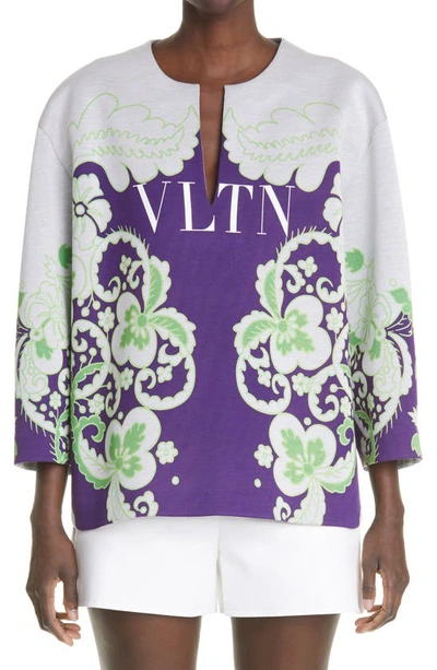Shop Valentino Arazzo Print Logo High/low Top In Amethyst / Radiant Orchid