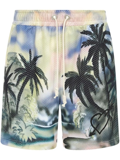 Palm Angels Paradise Print Drawstring Mesh Shorts In Red