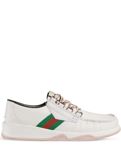 Shop Gucci Leather Lace-up Shoe With Web In Brown