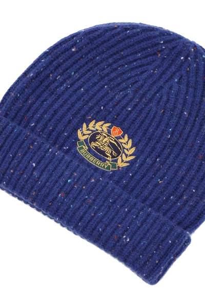 Shop Burberry Beanie Hat With Logo Embroidery In Navy