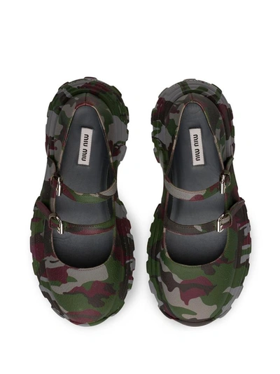 Shop Miu Miu Chunky Camouflage Pattern Ballerinas In Grigio