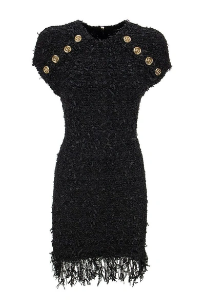 Shop Balmain Short Black Tweed Dress With Fringe