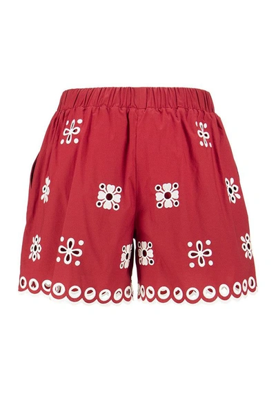 Shop Red Valentino Cotton Shorts With Sangallo Embroidery In Cherry