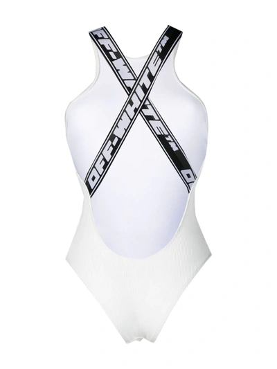 Shop Off-white Logo Straps Ribbed Swimsuit In Nero