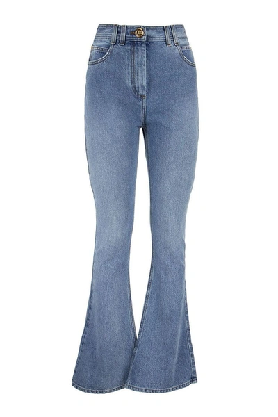 Shop Balmain High Waist Denim Bootcut Jeans In Blue