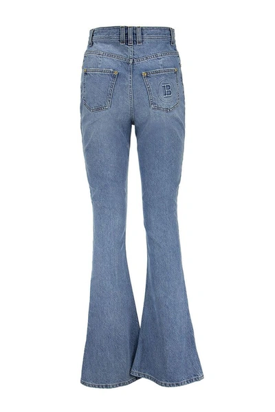 Shop Balmain High Waist Denim Bootcut Jeans In Blue