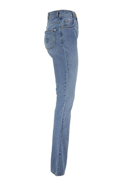 Shop Balmain High Waist Denim Bootcut Jeans In Blue