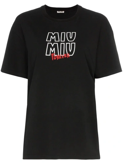 Shop Miu Miu Tour Style Logo Cotton T-shirt In Nero