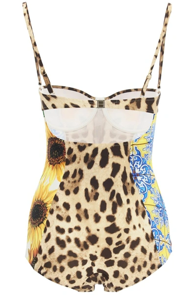 Shop Dolce & Gabbana Patchwork Print Balconette One-piece Swimsuit In Variante Abbinata