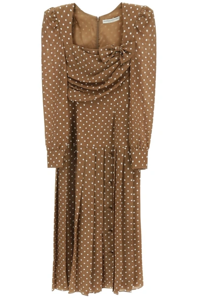 Shop Alessandra Rich Polka Dot Pleated Dress In Brown White