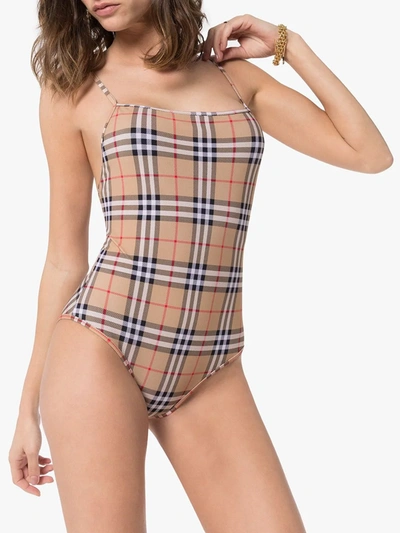 Shop Burberry Vintage Check Pattern Swimsuit In Archive Beige Ip Chk