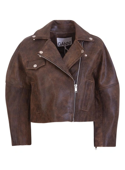 Shop Ganni Washed Leather Cropped Jacket In Marrone