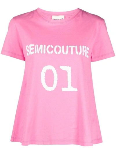 Shop Semicouture Cotton T-shirt With Logo Print In Pink