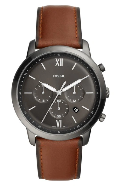 Shop Fossil Neutra Chronograph Leather Strap Watch, 44mm In Brown/ Grey/ Smoke