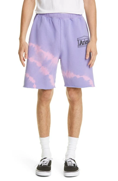 Shop Aries Temple Logo Tie Dye Sweat Shorts In Lilac Lilac
