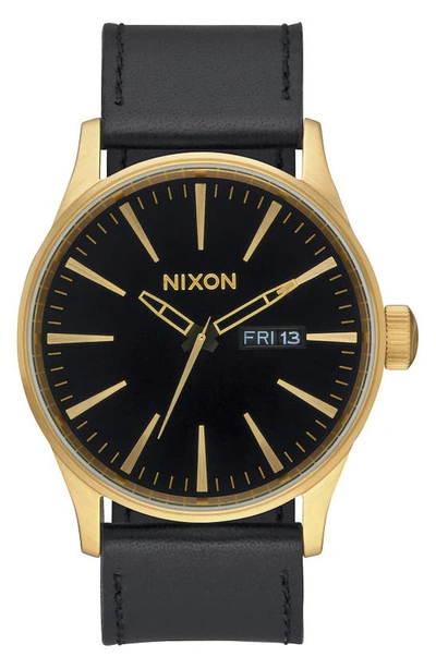 Shop Nixon The Sentry Leather Strap Watch, 42mm In Black/ Black/ Gold