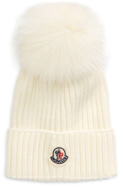Shop Moncler Kids' Cashwool Wool Hat With Genuine Fox Fur Pompom In White