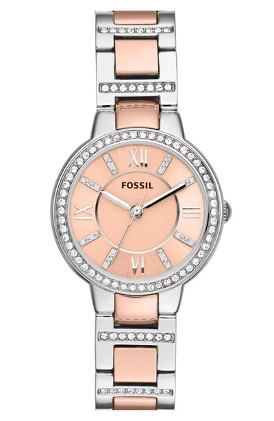 Shop Fossil 'virginia' Crystal Bezel Bracelet Watch, 30mm In Rose Gold/ Silver