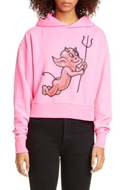 Shop Ashley Williams Cherub Devil Crop Cotton Hoodie In Neon Pink