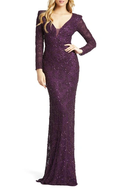 Shop Mac Duggal Sequin & Pearl Beaded Long Sleeve Gown In Plum