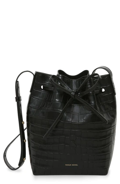 Shop Mansur Gavriel Mini Croc Embossed Leather Bucket Bag In Black