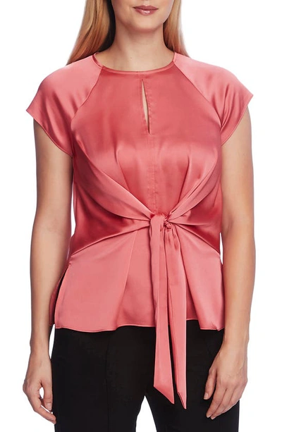 Shop Vince Camuto Tie Front Satin Charmeuse Keyhole Blouse In Coral Blossom
