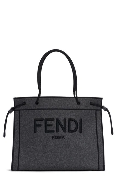 Shop Fendi Logo Wool Shopper Tote In Grey