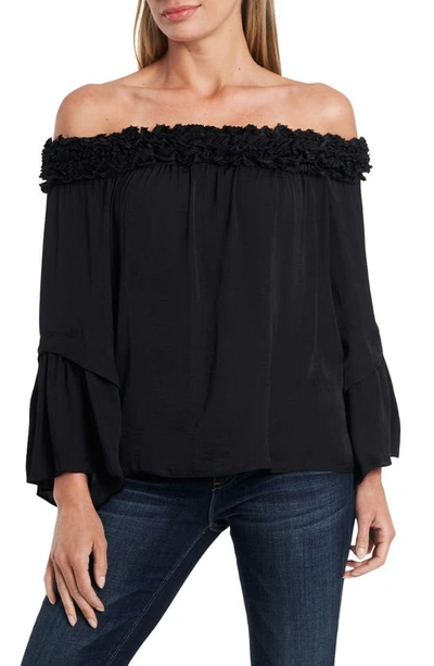Shop Vince Camuto Off The Shoulder Bell Sleeve Rumple Blouse In Rich Black
