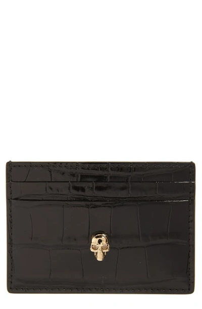 Shop Alexander Mcqueen Croc Embossed Leather Card Holder In Black