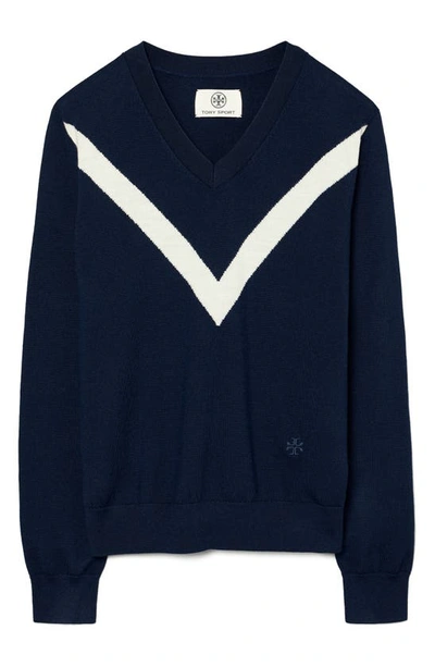 Shop Tory Sport By Tory Burch Chevron Stripe Merino Wool V-neck Sweater In Tory Navy / Snow White